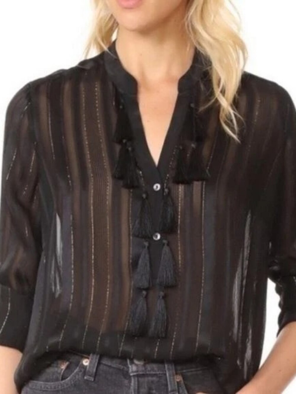 L'AGENCE Black Sheer Tassel-Front Blouse with Gold Vertical Stripes XS